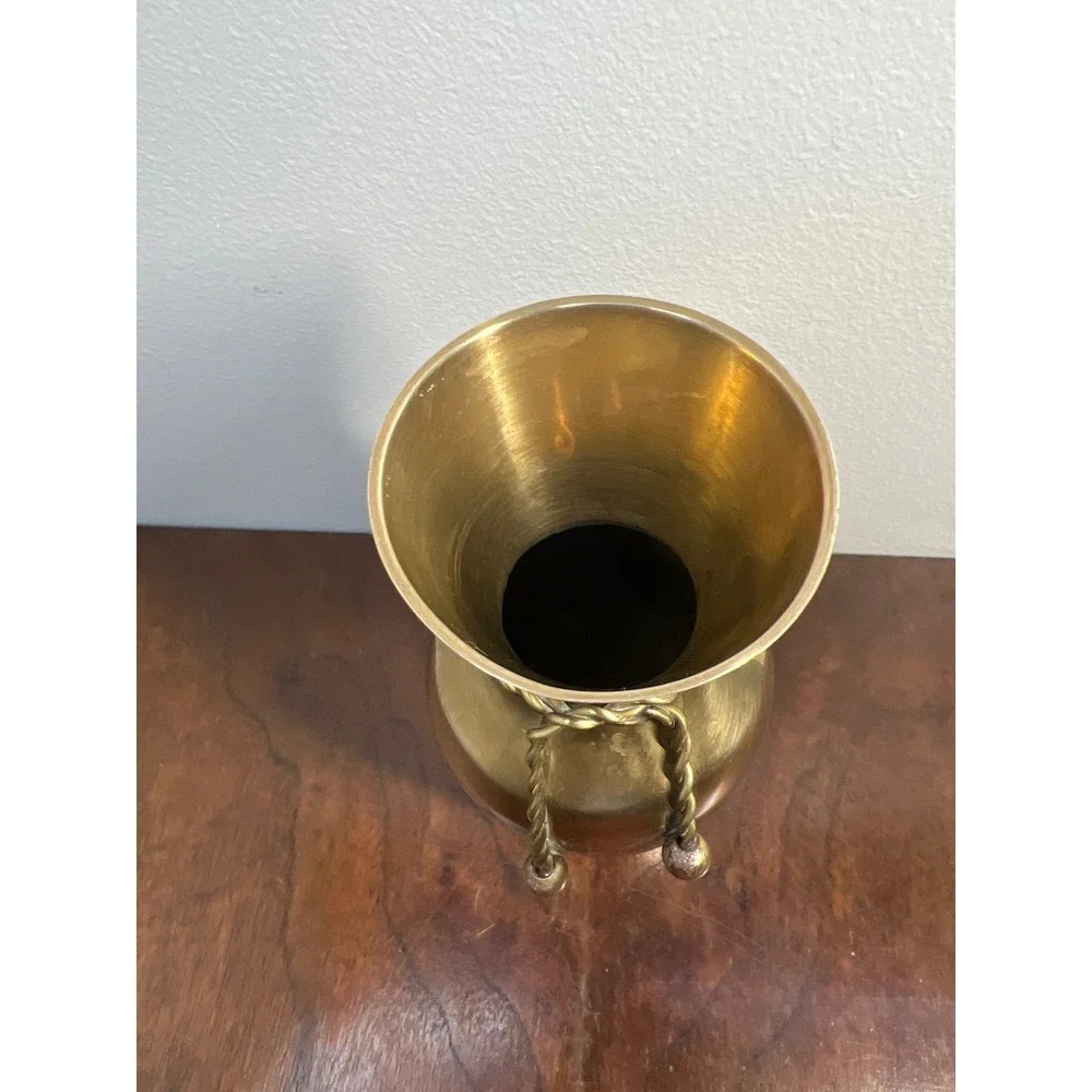 Vintage Brass Vase Rope Tie Tassel Detail Gold Metal MCM Boho Shelf Decor 7in